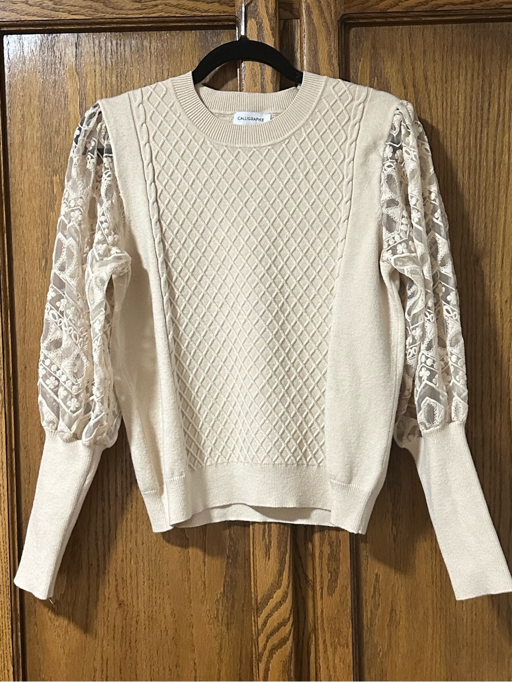 Anthropologie Calligraphie Sheer Lace Balloon Sleeves Knit Sweater Cream Sz M